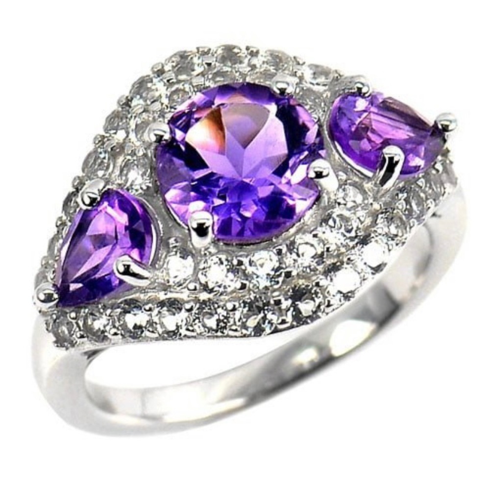 Sterling Silver Ring with Natural Gemstone Purple Amethyst and CZ Size 8